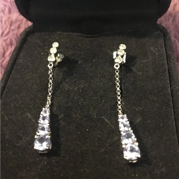 Vintage 10K White Gold Tanzanite & Diamond Accent Dangle Earrings - Picture 3 of 12